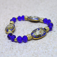 BLUE FLORAL Glass Gold-Toned Bracelet-Earrings Set Unique