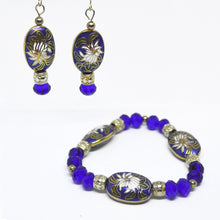 BLUE FLORAL Glass Gold-Toned Bracelet-Earrings Set Unique