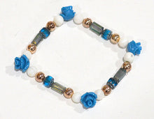 BLUE ROSES Stackable Bracelet w Rose Gold toned Beads - Roses Jewelry Floral Gifts for her Stretch Beaded Bracelet