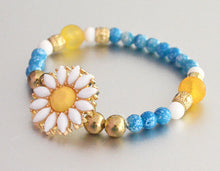 DAISY Stackable Bracelet w Aqua Blue White Beads - Flowers Bracelets Floral Gifts for her Stretch Beaded