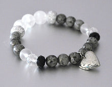 HEART Charm Locket Bracelet Gray marbled w Glitter & Crystal Glass Accent Beads