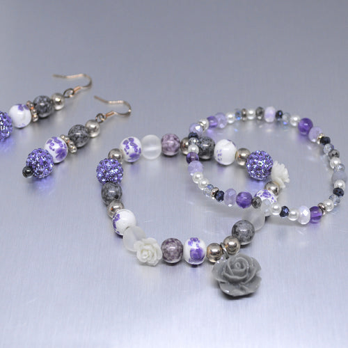 ROSE Beaded Bracelet-Earrings Set Purple Rhinestones Roses Floral