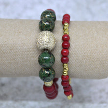 RED GREEN GOLD-Toned Beaded Bracelets-Earrings Set