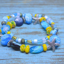 Ocean Beach STARFISH Beaded Bracelet-Earrings Set Aqua Blue Yellow