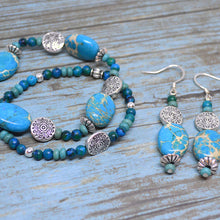 TURQUOISE Bracelet-Earrings Set w Tribal Metal Beads