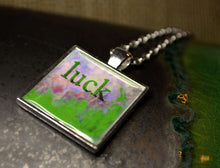 LUCK - Green Word Art Necklace, silver-plated, abstract, handmade