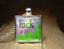 LUCK - Green Word Art Necklace, silver-plated, abstract, handmade
