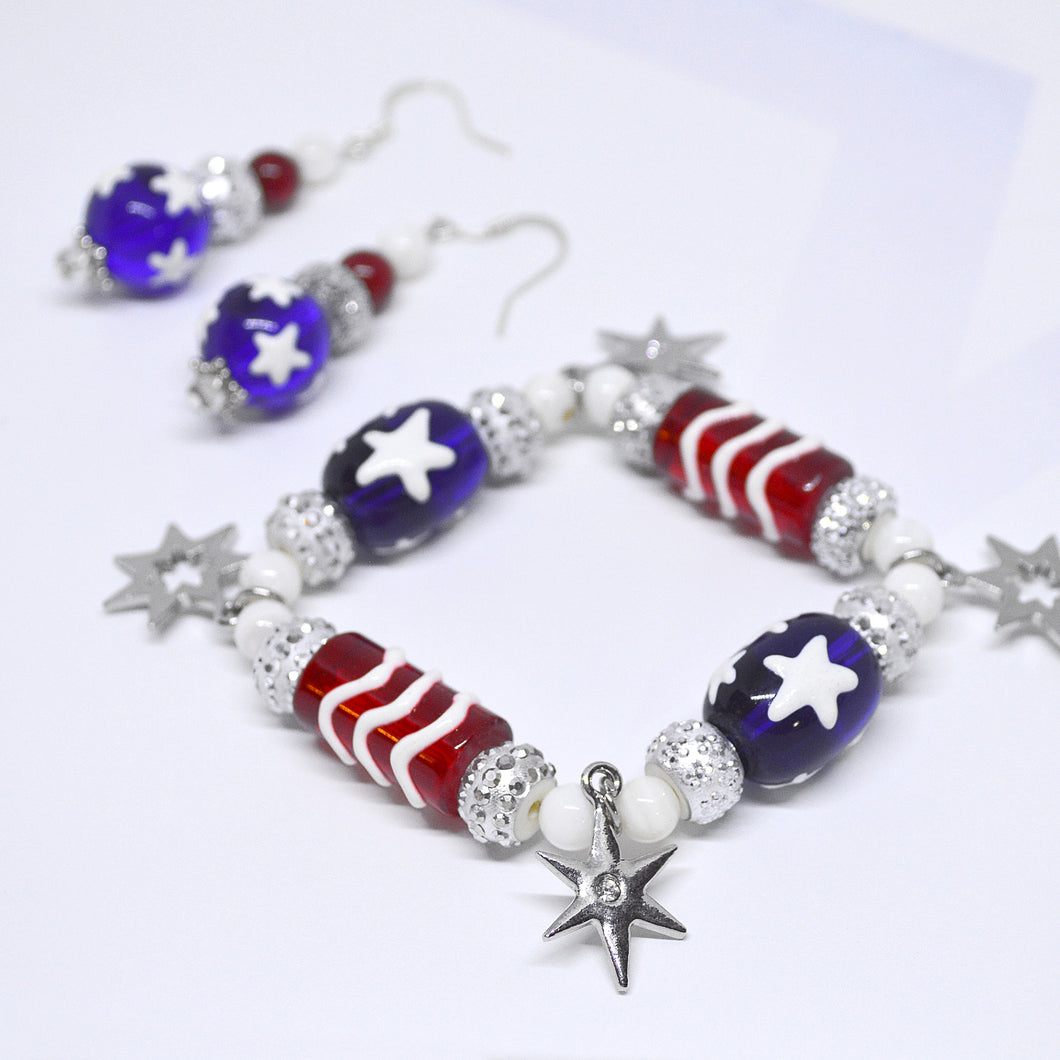 STARS AND STRIPES American Red White Blue Bracelet-Earrings Set