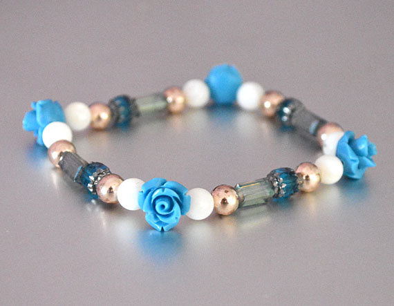 BLUE ROSES Stackable Bracelet w Rose Gold toned Beads - Roses Jewelry Floral Gifts for her Stretch Beaded Bracelet