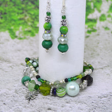LUCKY CLOVER Charm Bracelet-Earrings Set Beaded Green Glass Beads