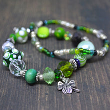 LUCKY CLOVER Charm Bracelet-Earrings Set Beaded Green Glass Beads