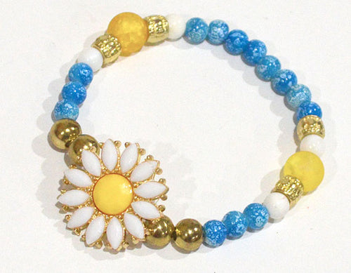 DAISY Stackable Bracelet w Aqua Blue White Beads - Flowers Bracelets Floral Gifts for her Stretch Beaded