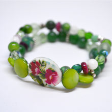 FLORAL Bracelets-Earrings Set - Green with Magenta Flowers