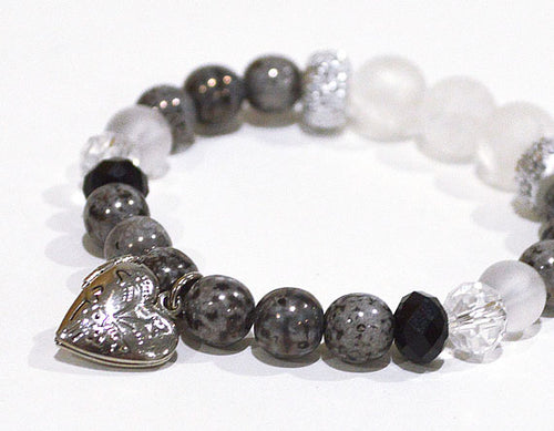 HEART Charm Locket Bracelet Gray marbled w Glitter & Crystal Glass Accent Beads