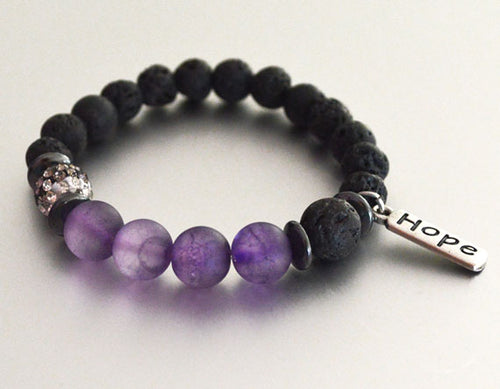 HOPE LAVA BEAD Bracelet, black with Purple Accent Beads - Diffuser Bracelet Beaded