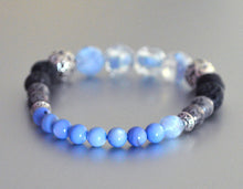 ICE BLUE Beaded Bracelet w Black Lava Beads, Silver Gray Accent Beads, stretchy