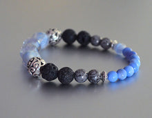 ICE BLUE Beaded Bracelet w Black Lava Beads, Silver Gray Accent Beads, stretchy