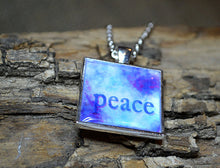 PEACE Wearable Word Art, Inspirational Jewelry Gifts, blue pendant