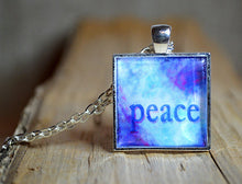 PEACE Wearable Word Art, Inspirational Jewelry Gifts, blue pendant