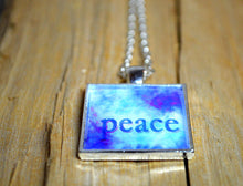 PEACE Wearable Word Art, Inspirational Jewelry Gifts, blue pendant