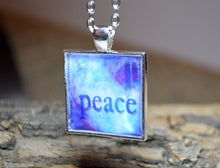 PEACE Wearable Word Art, Inspirational Jewelry Gifts, blue pendant