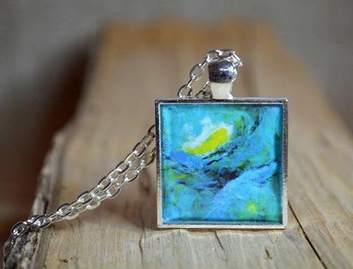 Handmade TURQUOISE Pendant Necklace, Abstract Wearable Art, Square Jewelry #Mini19