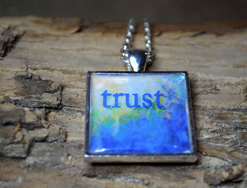 TRUST - Blue Pendant Necklace, Inspirational Jewelry, Mood Jewelry, Resin