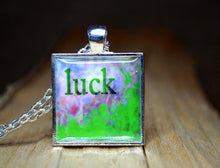 LUCK - Green Word Art Necklace, silver-plated, abstract, handmade