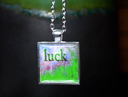 LUCK - Green Word Art Necklace, silver-plated, abstract, handmade