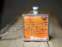 ORANGE Abstract Art Pendant - handmade, square resin jewelry, silver-plated