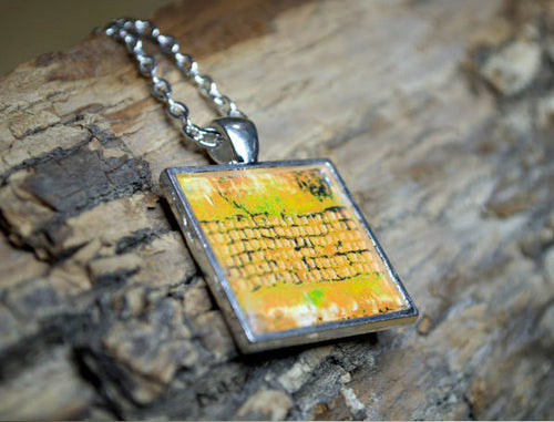 MUSTARD YELLOW Ochre Art Pendant Necklace, silver-plated, square