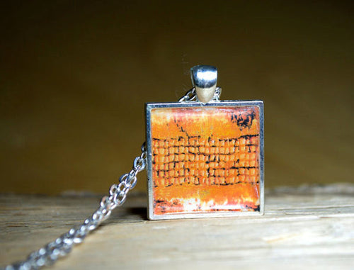 ORANGE Abstract Art Pendant - handmade, square resin jewelry, silver-plated