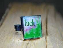 Good LUCK Gift - Word Art adjustable Ring, handmade resin jewelry