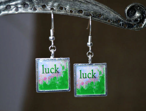 Good LUCK Earrings - Word Art Jewelry, handmade - Abstract Wearable Art