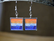 ORANGE BLUE Art Dangle Earrings - handmade Resin Jewelry, Wearable Art, True Mind