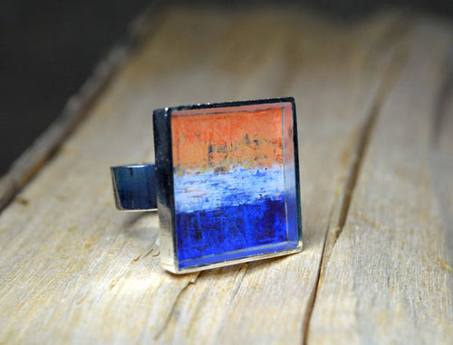 ORANGE BLUE Modern Art Resin Ring - handmade Unique Gift, True Purpose