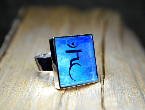THROAT CHAKRA Ring - adjustable, Blue Silver-Plated Square