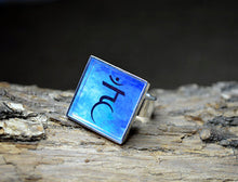 THROAT CHAKRA Ring - adjustable, Blue Silver-Plated Square