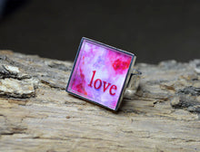 LOVE - Unique Abstract Word Art Ring, adjustable size, silver-plated, pink