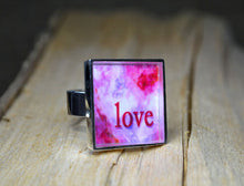 LOVE - Unique Abstract Word Art Ring, adjustable size, silver-plated, pink