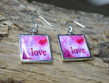 LOVE - Dangle Earrings, Pink Word Art Jewelry, handmade