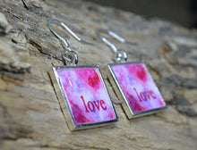 LOVE - Dangle Earrings, Pink Word Art Jewelry, handmade