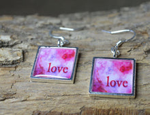 LOVE - Dangle Earrings, Pink Word Art Jewelry, handmade