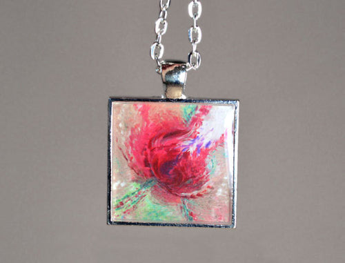 PASSIONATE KISS - Abstract Red Rose Pendant, handmade, silver-plated, unique