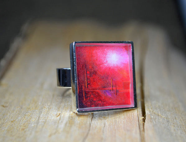 IN TOUCH - Red Modern Abstract Art Ring, handmade gift