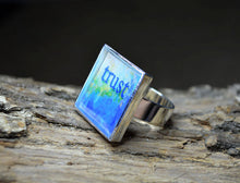 TRUST - adjustable, handmade Inspirational Ring, Blue Word Art Gifts