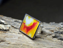 YELLOW-RED Abstract Art Ring, handmade Unique Gifts square Rings, Resin Jewelry, Wearable Art