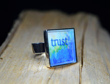 TRUST - adjustable, handmade Inspirational Ring, Blue Word Art Gifts