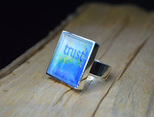 TRUST - adjustable, handmade Inspirational Ring, Blue Word Art Gifts