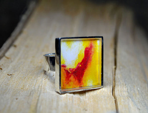 YELLOW-RED Abstract Art Ring, handmade Unique Gifts square Rings, Resin Jewelry, Wearable Art